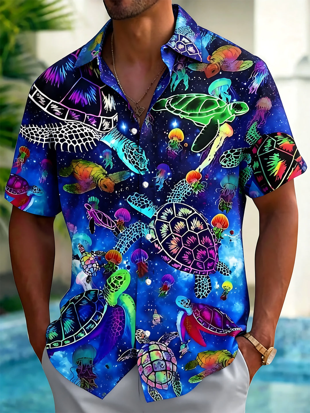 Oceanlyte Men's Hawaiian Neon Sea Turtles Print Short Sleeve Shirt with Chest Pocket