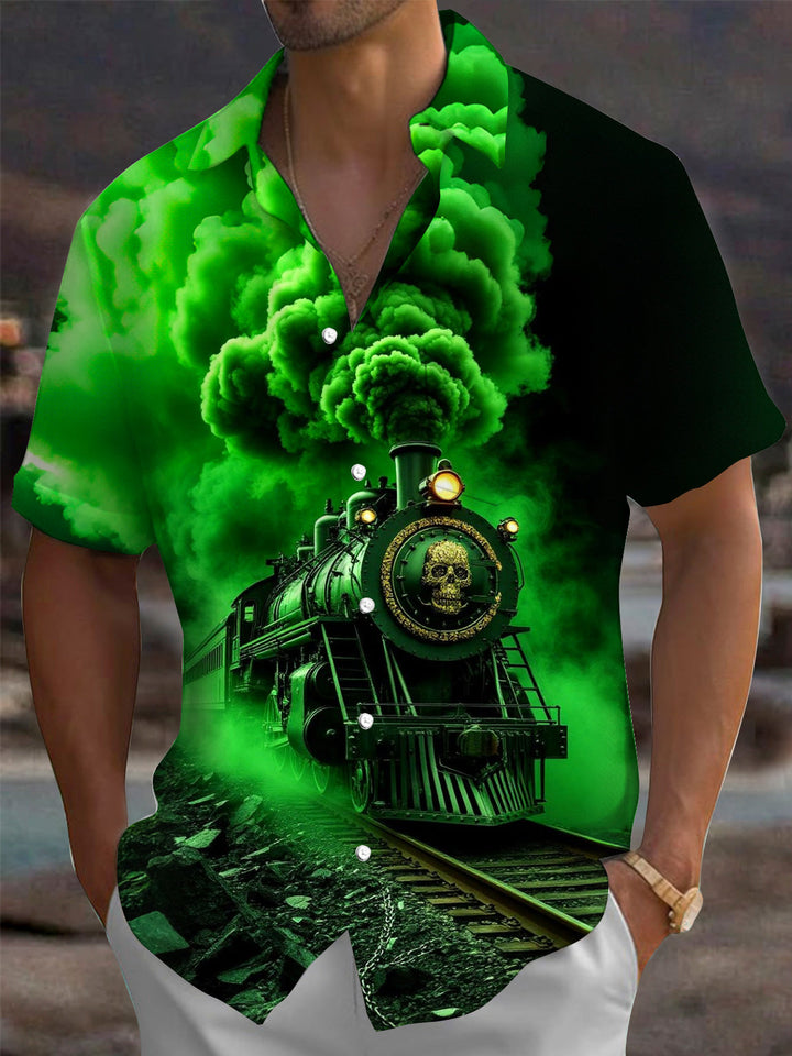 Oceanlyte Men's Graphic Skull Steam Train Print Short Sleeve Shirt with Chest Pocket