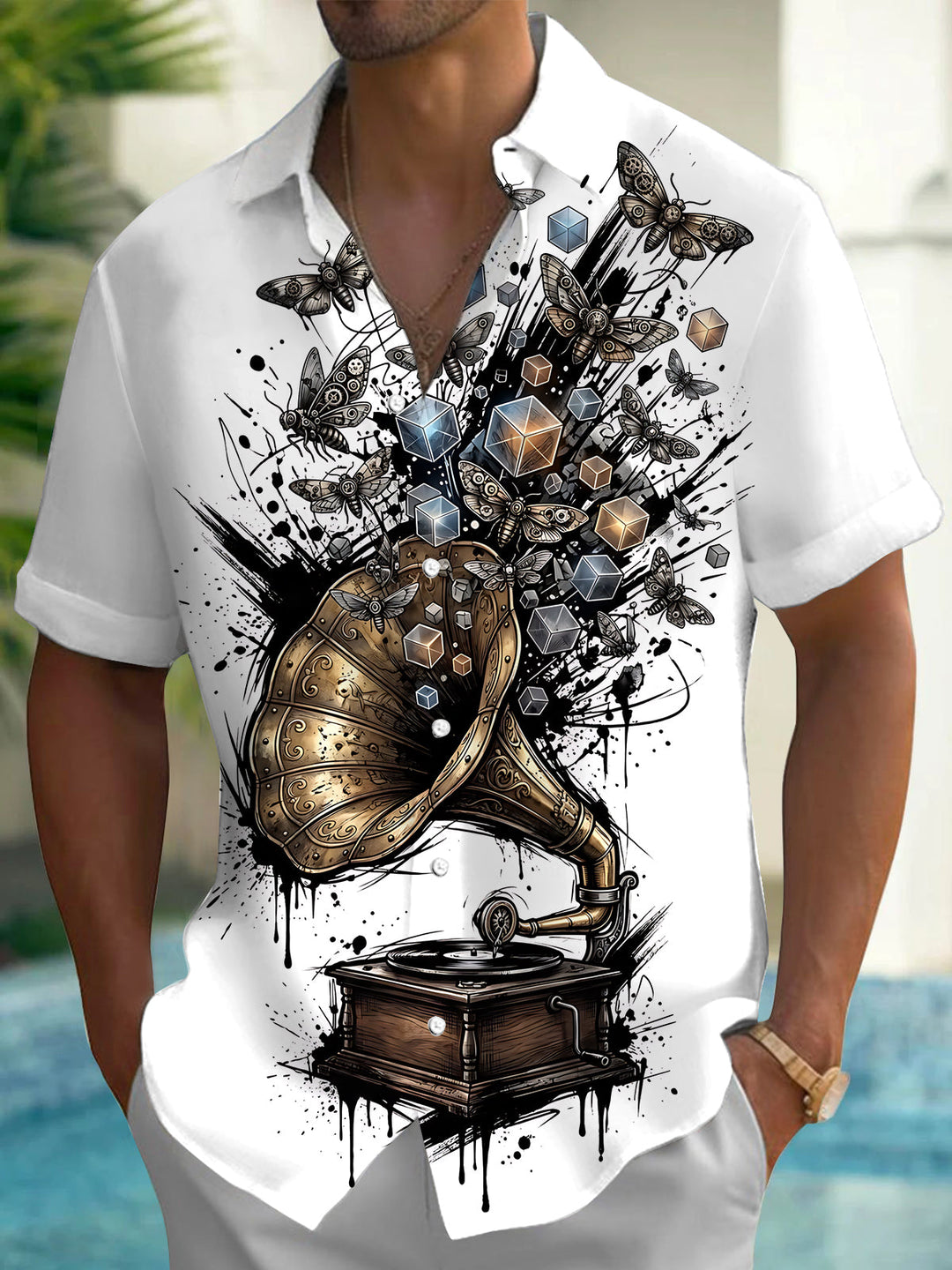 Oceanlyte Men's Vintage Gramophone Print Short Sleeve Shirt with Chest Pocket