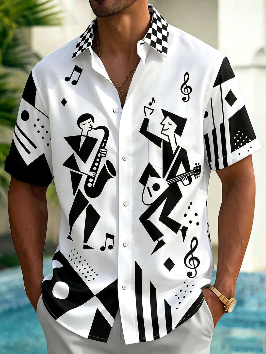 Oceanlyte Men's Graphic Jazz Musicians Print Short Sleeve Shirt with Chest Pocket
