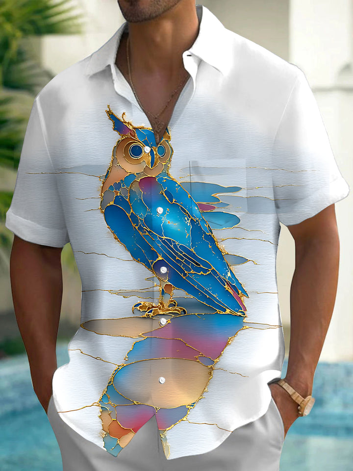 Oceanlyte Men's Graphic Stylized Owl Print Short Sleeve Shirt with Chest Pocket