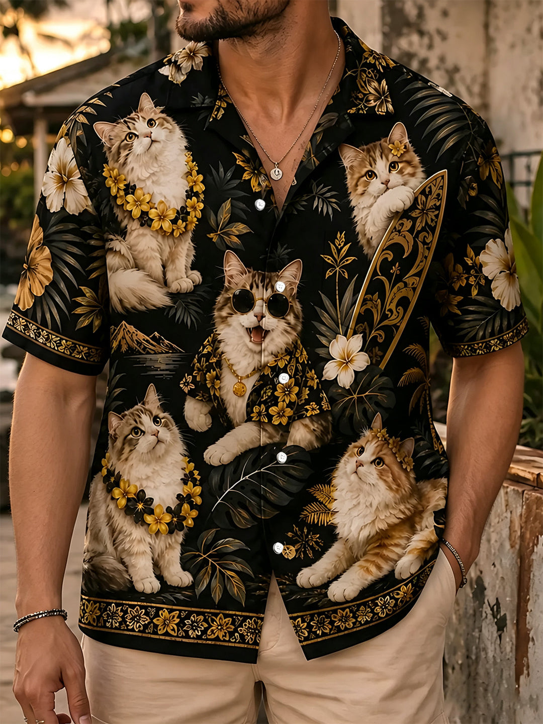 Oceanlyte Men's Hawaiian Cat With Surfboard Print Short Sleeve Shirt with Chest Pocket