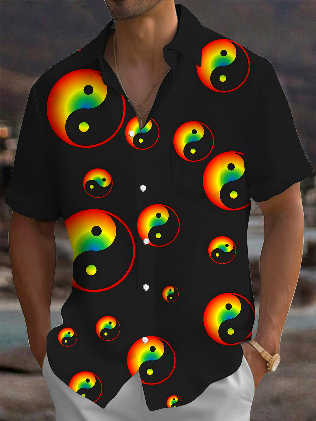 Oceanlyte Men's Graphic Rainbow Yin Yang Print Short Sleeve Shirt with Chest Pocket
