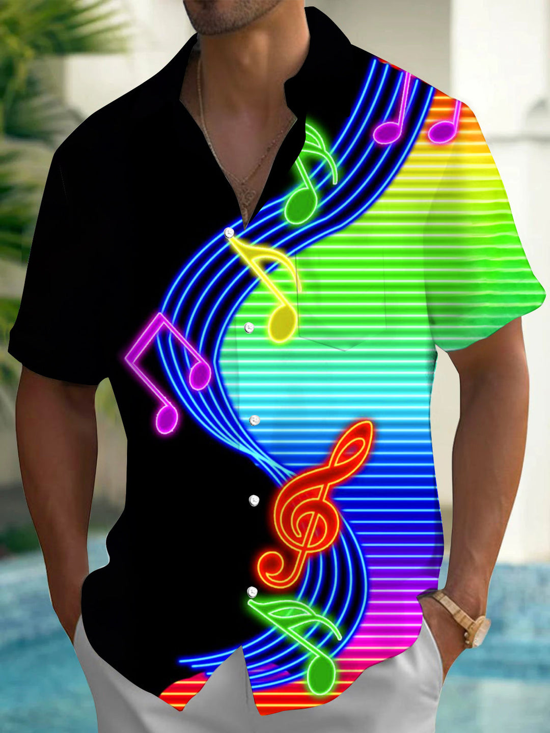 Oceanlyte Men's Striped Neon Music Notes Print Short Sleeve Shirt with Chest Pocket