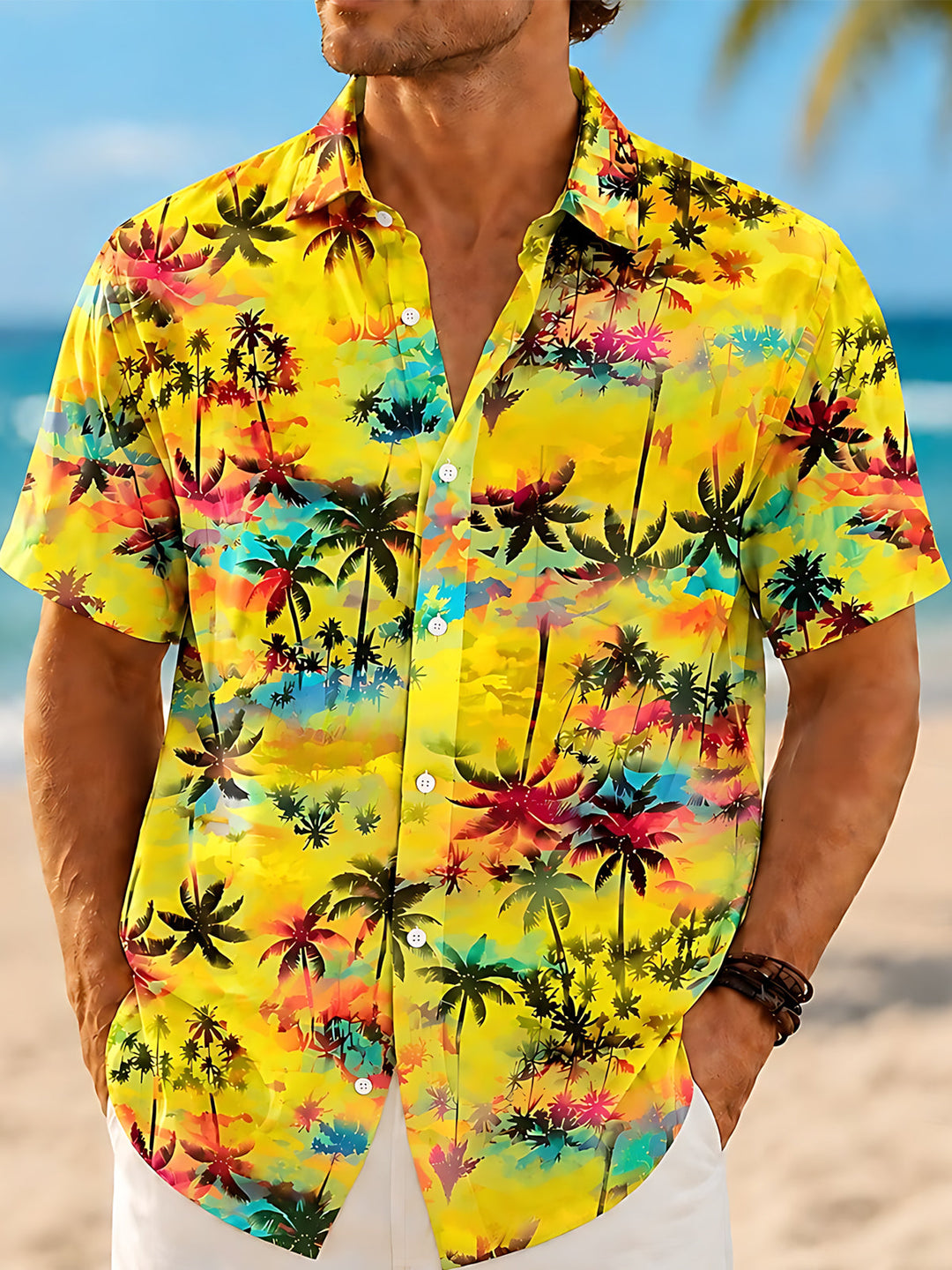 Oceanlyte Men's Hawaiian Watercolor Palm Trees Print Short Sleeve Shirt with Chest Pocket