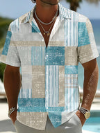 Oceanlyte Men's Striped Geometric Patchwork Stripes Print Short Sleeve Shirt with Chest Pocket
