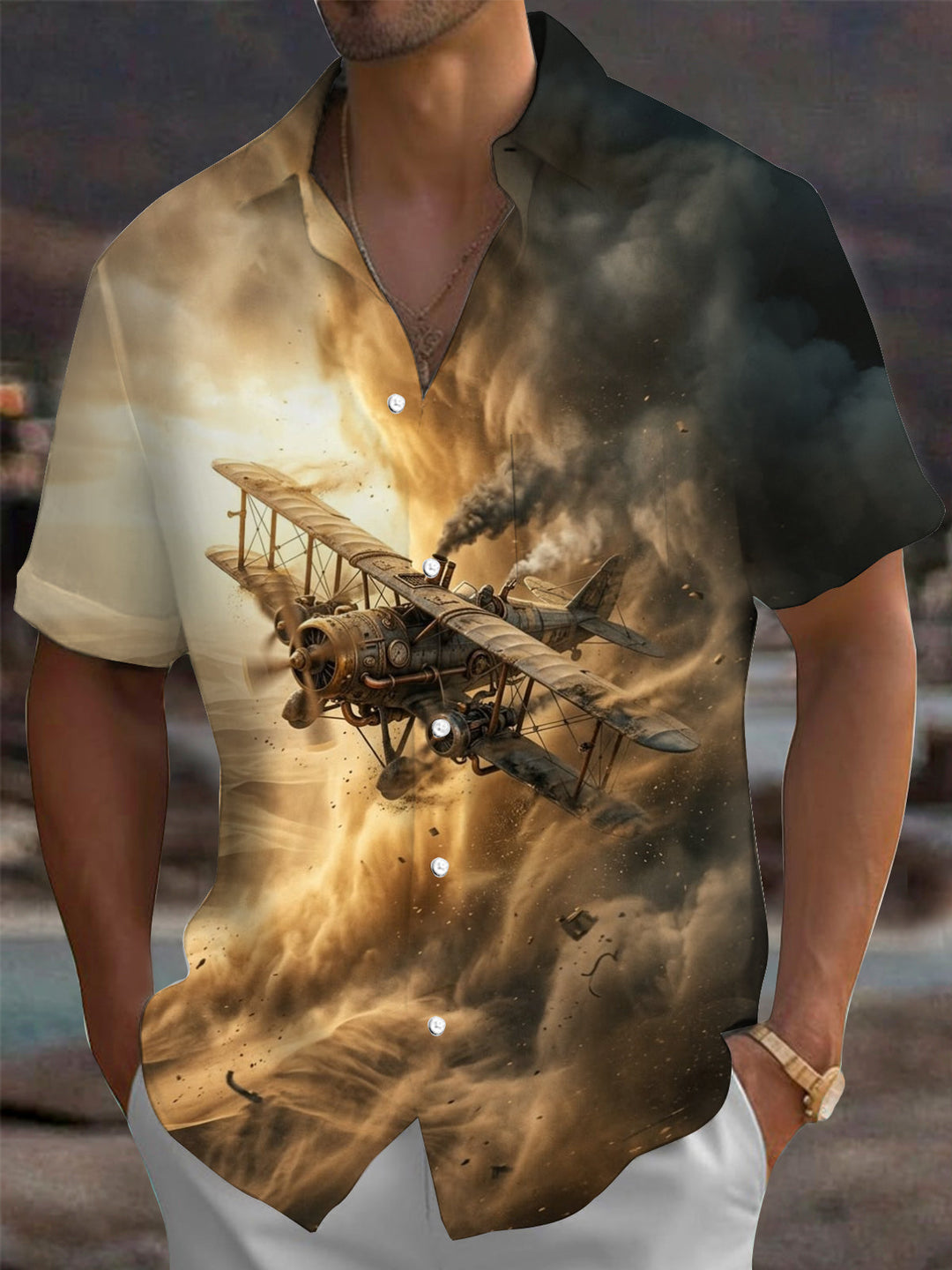 Oceanlyte Men's Vintage Style Steampunk Biplane Print Short Sleeve Shirt with Chest Pocket