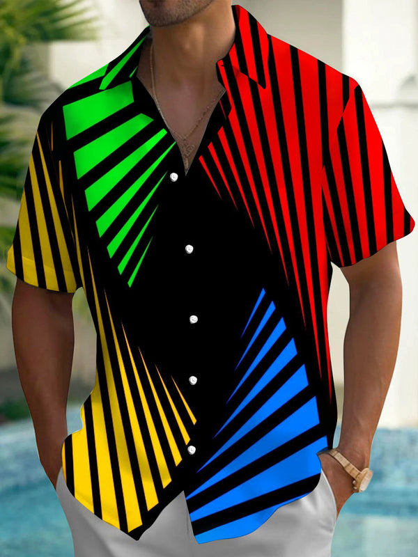Oceanlyte Men's Striped Colorful Geometric Stripes Print Short Sleeve Shirt with Chest Pocket
