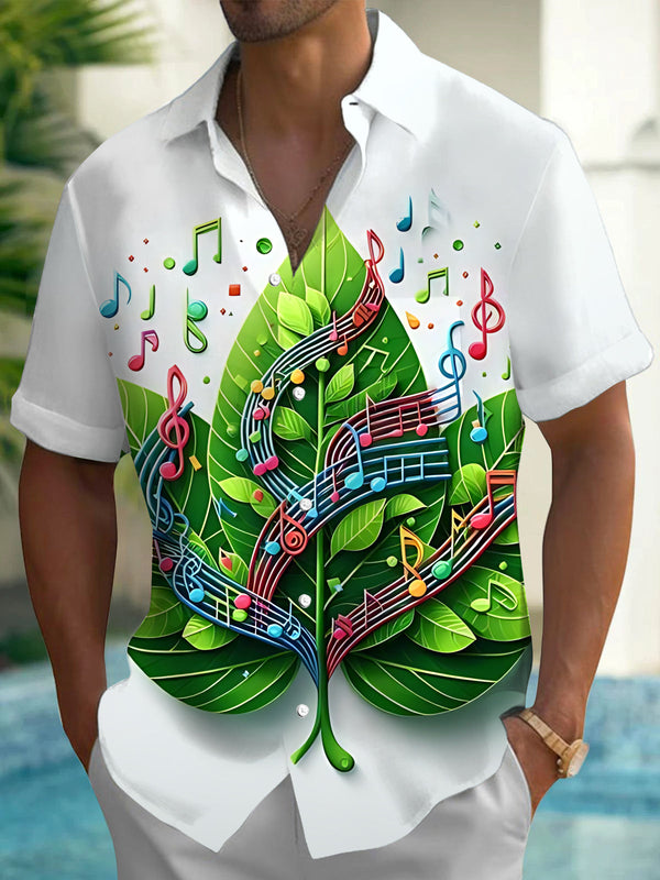 Oceanlyte Men's Graphic Musical Notes On Leaves Print Short Sleeve Shirt with Chest Pocket
