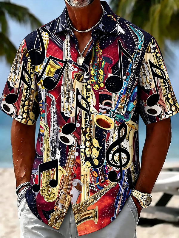 Oceanlyte Men's Graphic Saxophone Instruments Print Short Sleeve Shirt with Chest Pocket