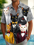 Oceanlyte Men's Hawaiian Cat In Tuxedo Print Short Sleeve Shirt with Chest Pocket