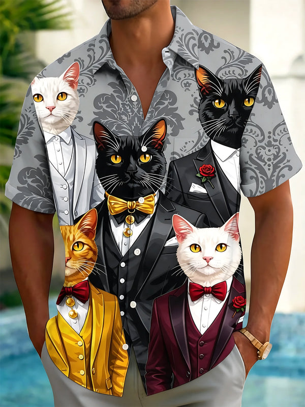 Oceanlyte Men's Hawaiian Cat In Tuxedo Print Short Sleeve Shirt with Chest Pocket