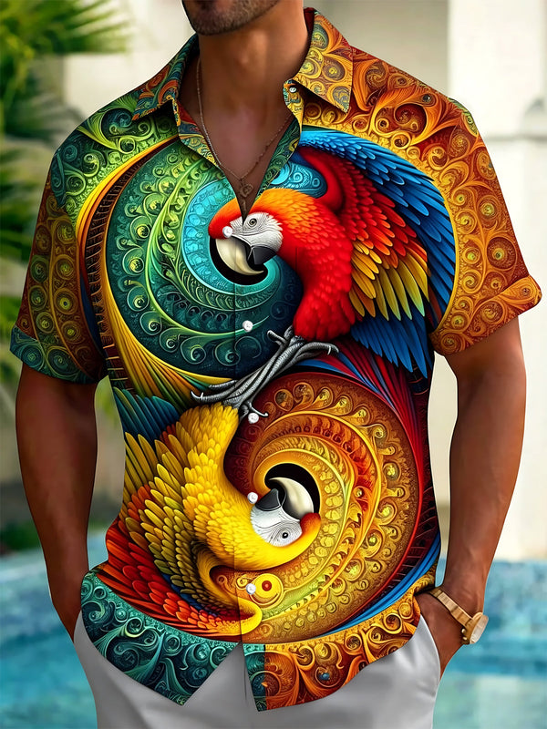 Oceanlyte Men's Hawaiian Parrot Print Colorful Swirl Pattern Short Sleeve Shirt with Chest Pocket