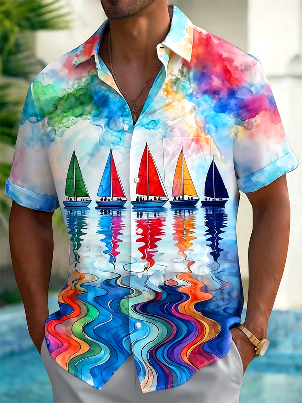 Oceanlyte Men's Graphic Watercolor Sailboats Print Short Sleeve Shirt with Chest Pocket