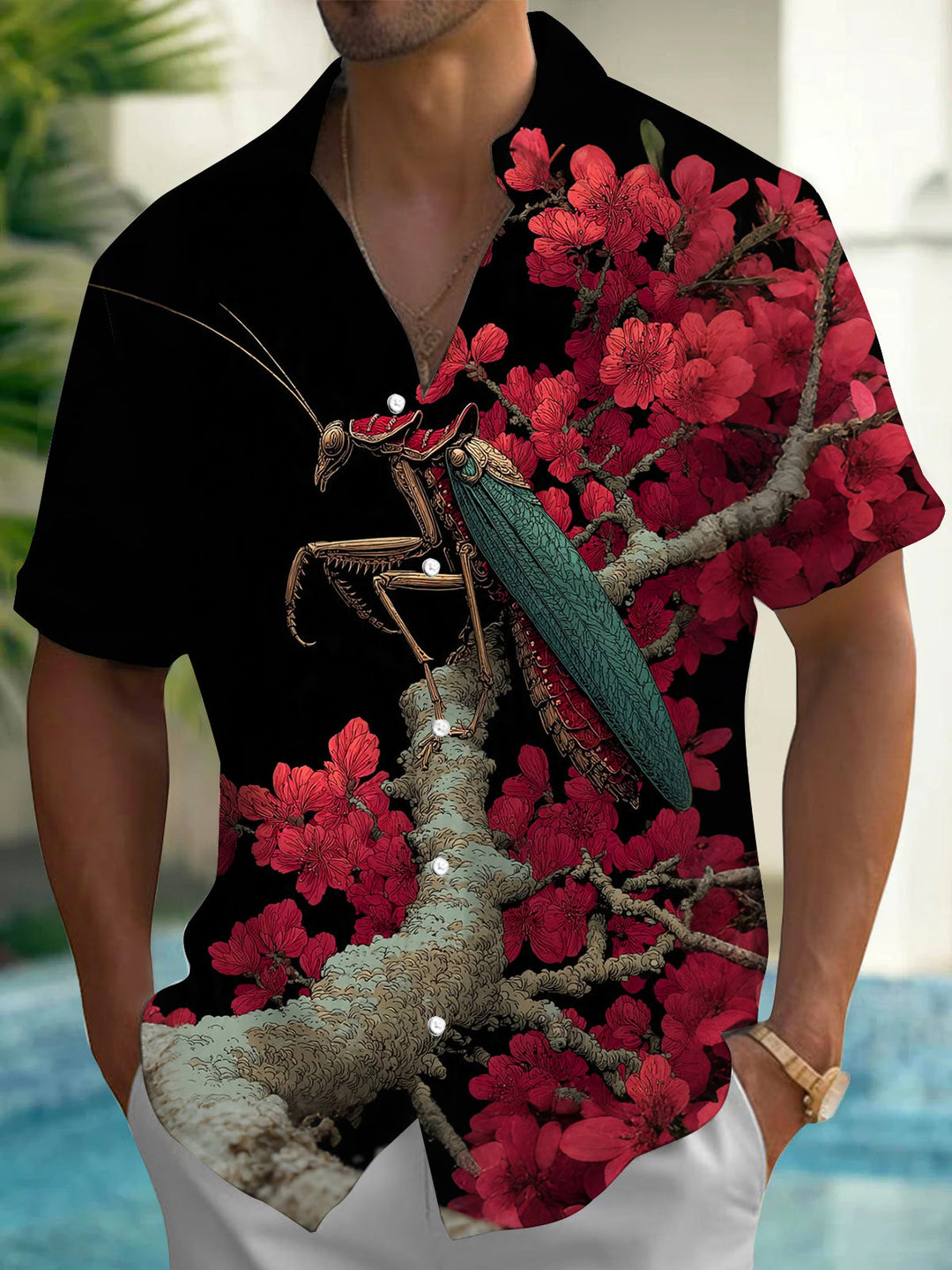 Oceanlyte Men's Printed Mantis On Branch Print Short Sleeve Shirt with Chest Pocket