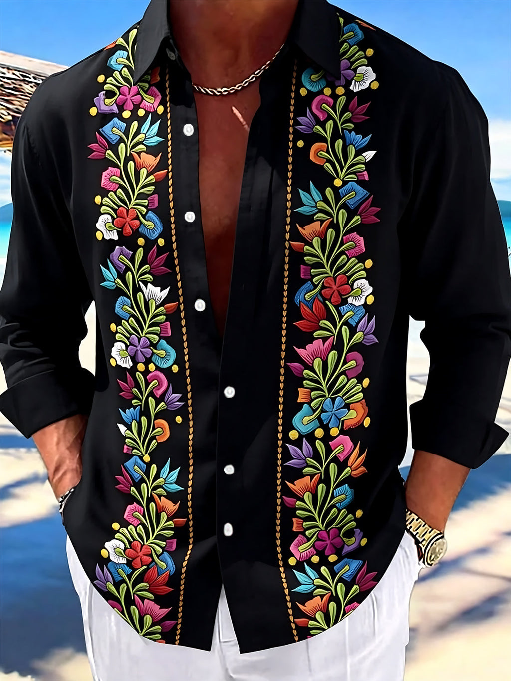 Oceanlyte Men's Floral Colorful Floral Embroidery Print Long Sleeve Shirt with Chest Pocket