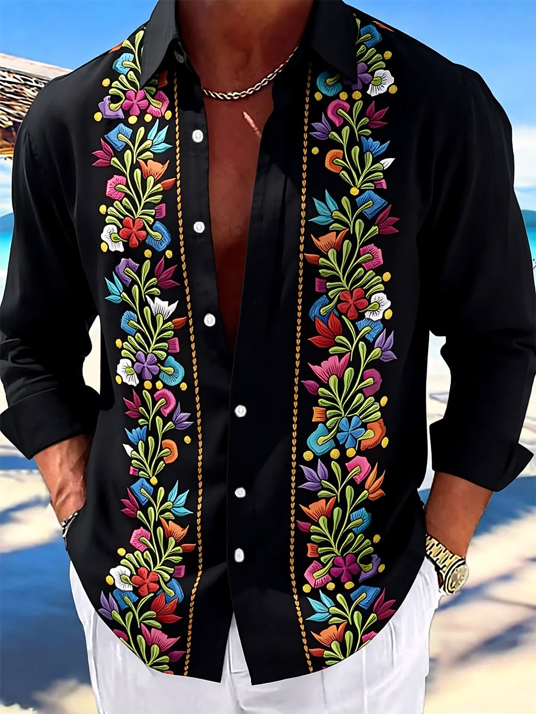 Oceanlyte Men's Floral Colorful Floral Embroidery Print Long Sleeve Shirt with Chest Pocket