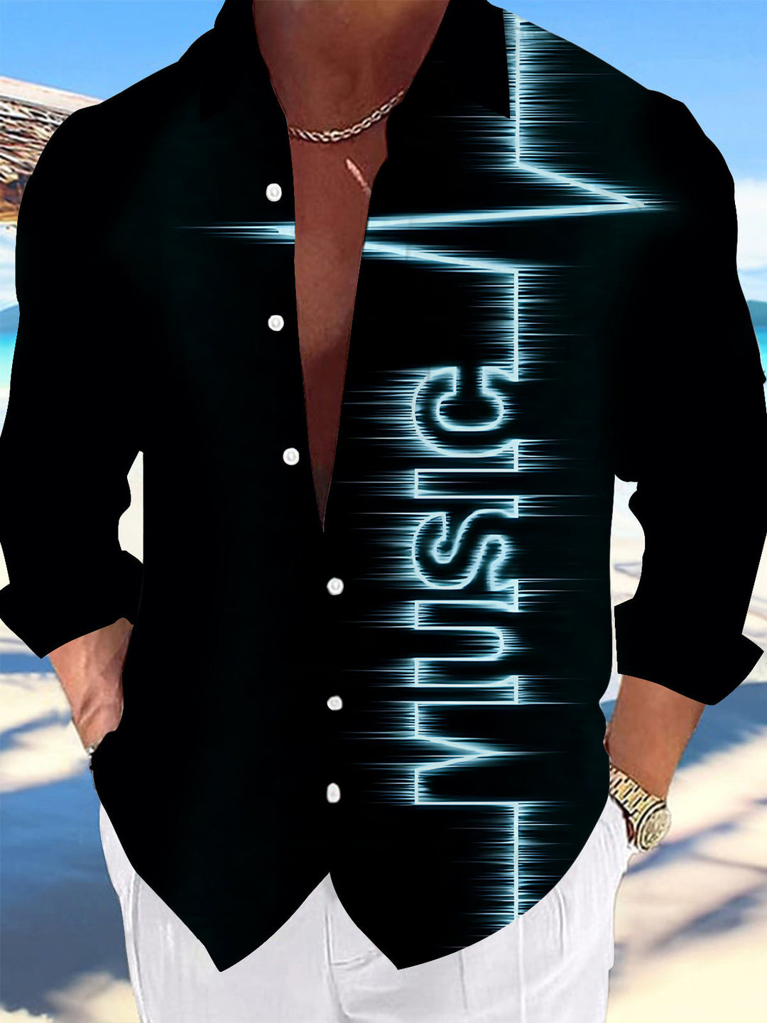 Oceanlyte Music Print Men's Pocket Long Sleeve Shirts