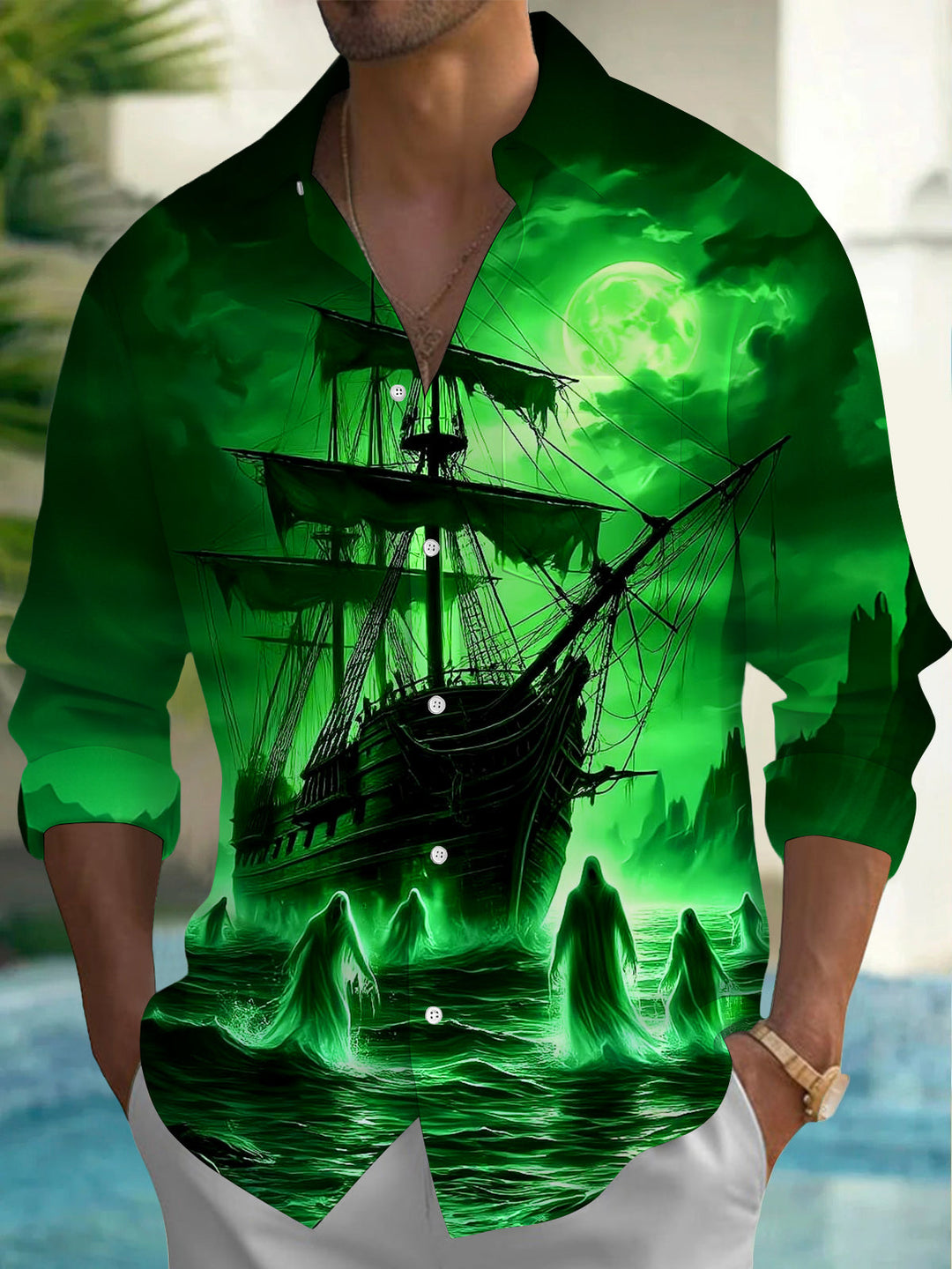 Oceanlyte Men's Graphic Ghost Ship Print Full Moon Print Long Sleeve Shirt with Chest Pocket