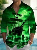 Oceanlyte Men's Graphic Ghost Ship Print Full Moon Print Long Sleeve Shirt with Chest Pocket