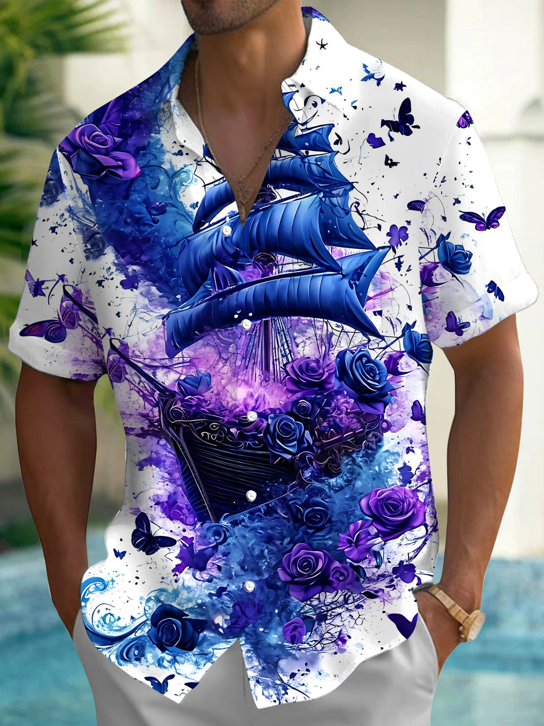 Oceanlyte Men's Graphic Sailing Ship Print Butterfly Print Short Sleeve Shirt with Chest Pocket