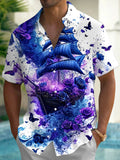 Oceanlyte Men's Graphic Sailing Ship Print Butterfly Print Short Sleeve Shirt with Chest Pocket