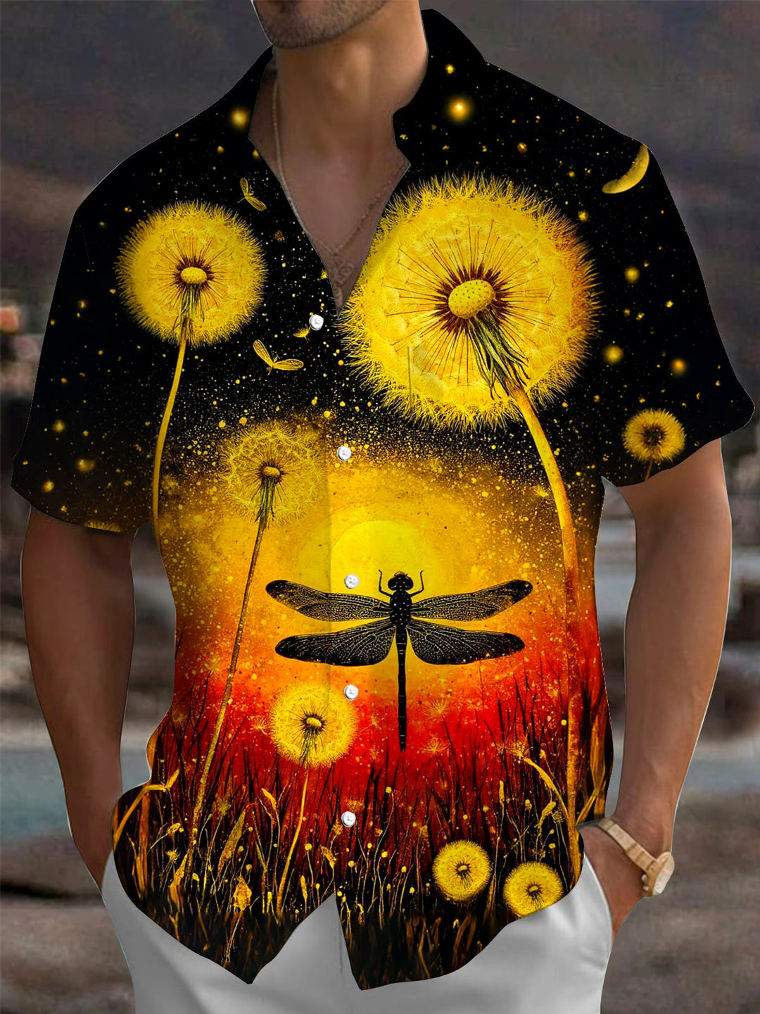 Oceanlyte Men's Hawaiian Dandelion Print Short Sleeve Shirt with Chest Pocket