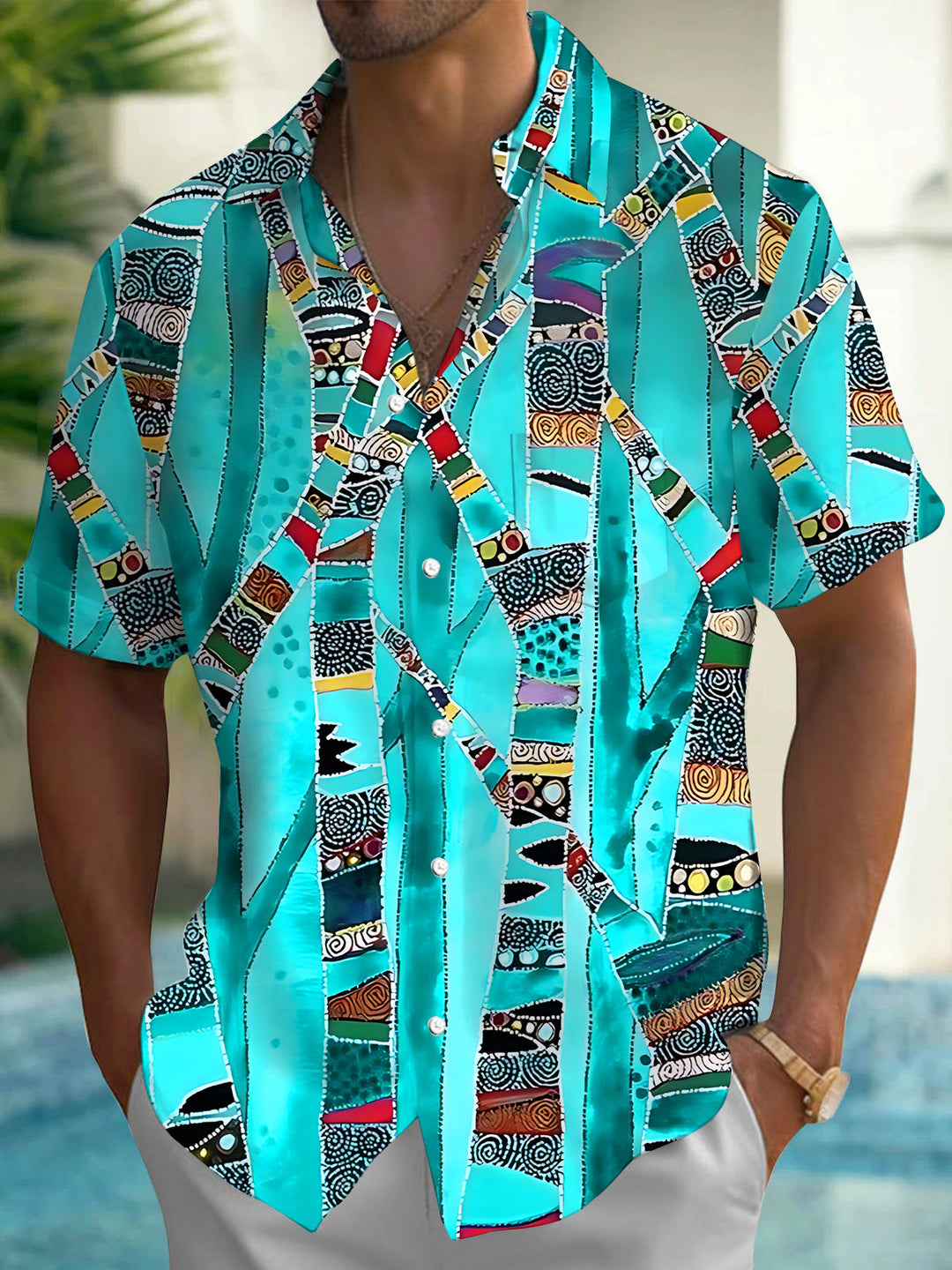 Oceanlyte Men's Vintage Style Abstract Geometric Pattern Short Sleeve Shirt with Chest Pocket