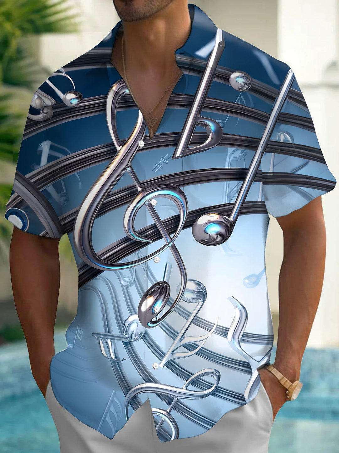 Oceanlyte Men's 3D 3D Musical Notes Print Short Sleeve Shirt with Chest Pocket