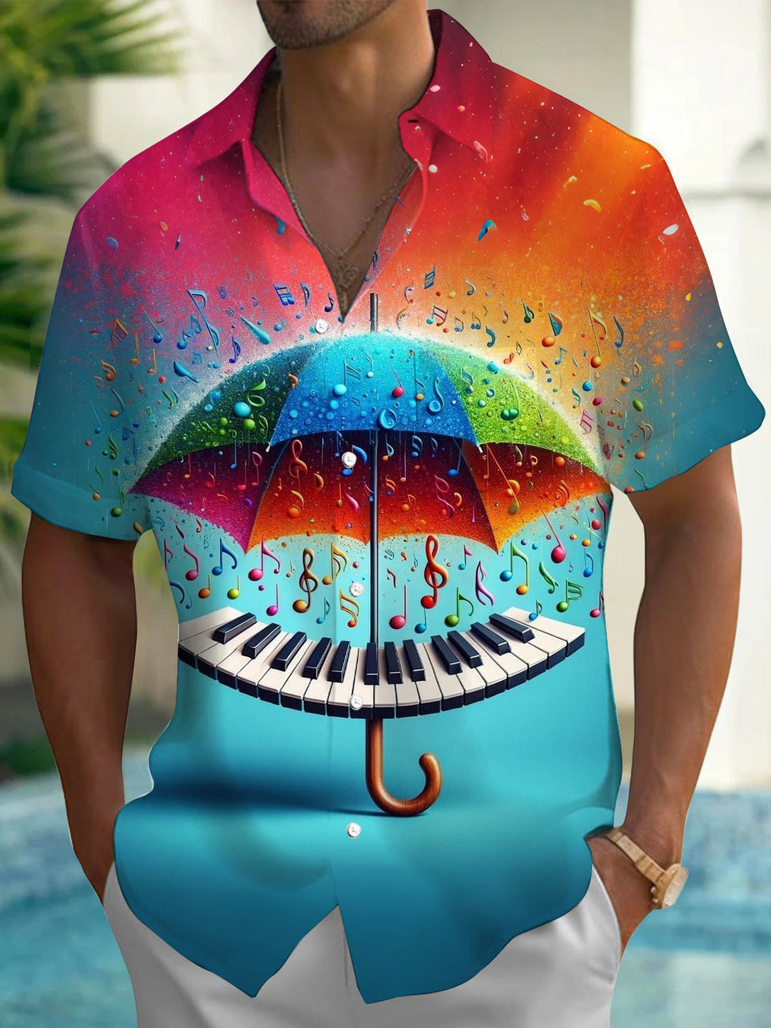 Oceanlyte Men's Graphic Rainbow Umbrella Print Short Sleeve Shirt with Chest Pocket