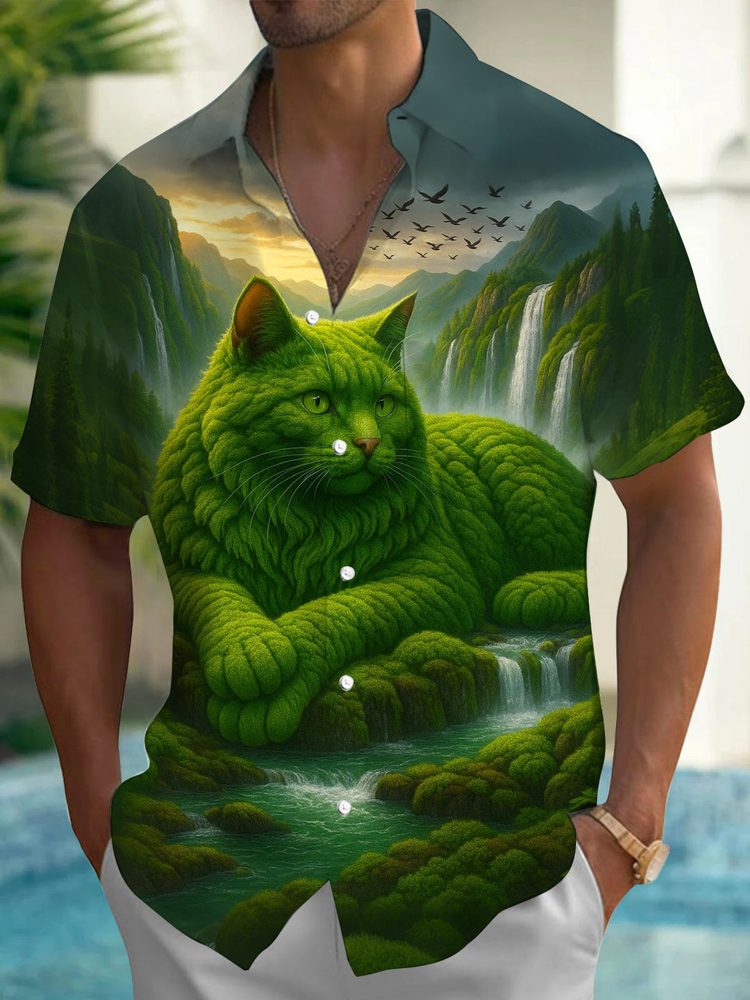 Oceanlyte Men's Graphic Green Cat Landscape Print Short Sleeve Shirt with Chest Pocket