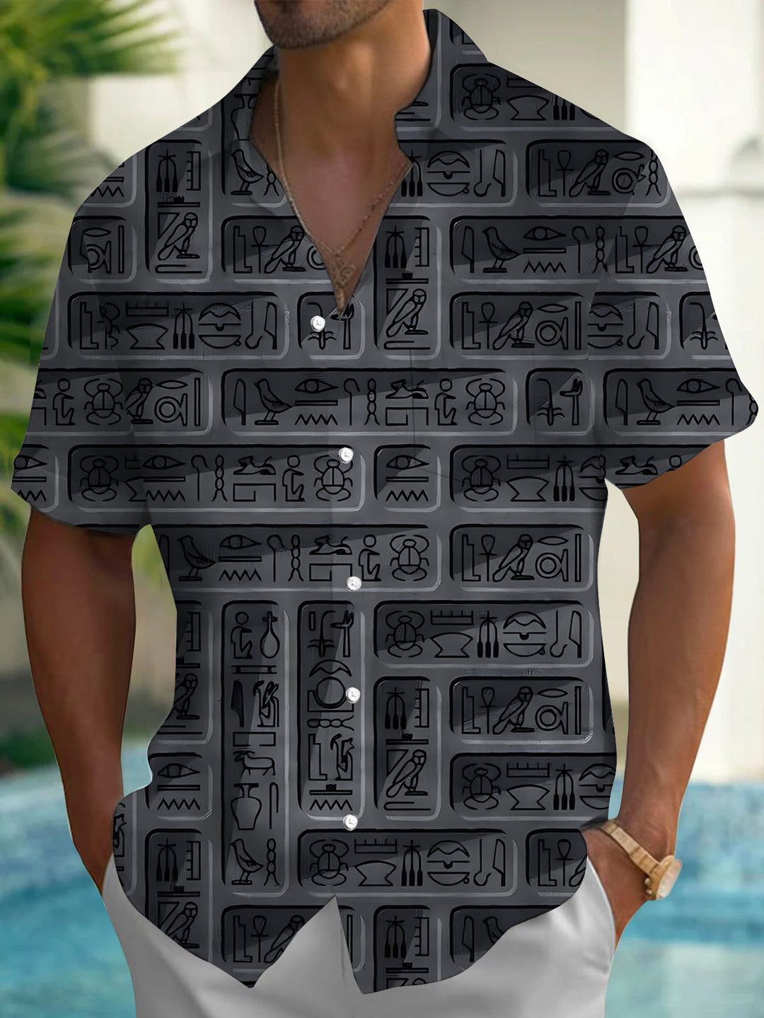 Oceanlyte Men's Ancient Egyptian Hieroglyphs Print Short Sleeve Shirt with Chest Pocket