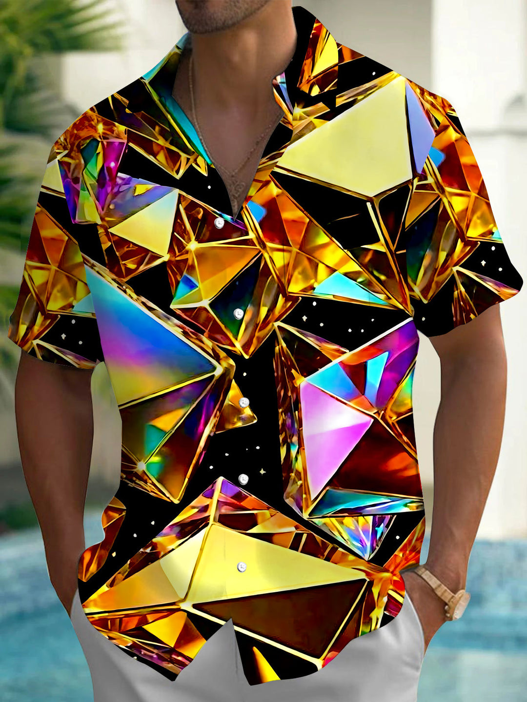 Oceanlyte Men's 3D 3D Geometric Crystal Pattern Short Sleeve Shirt with Chest Pocket