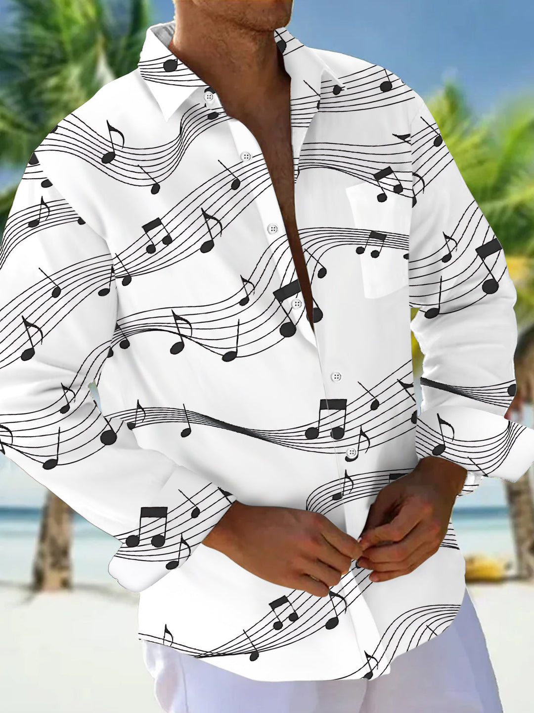 Oceanlyte Men's Graphic Music Notes Print Musical Staff Print Long Sleeve Shirt with Chest Pocket