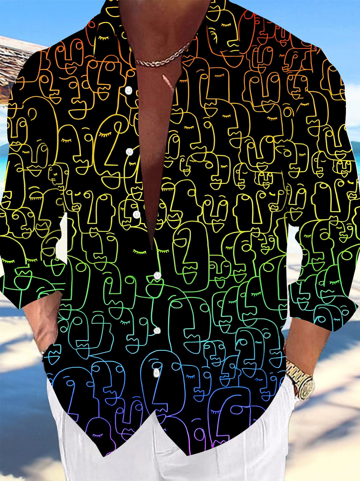 Oceanlyte Men's Graphic Abstract Face Line Print Long Sleeve Shirt with Chest Pocket