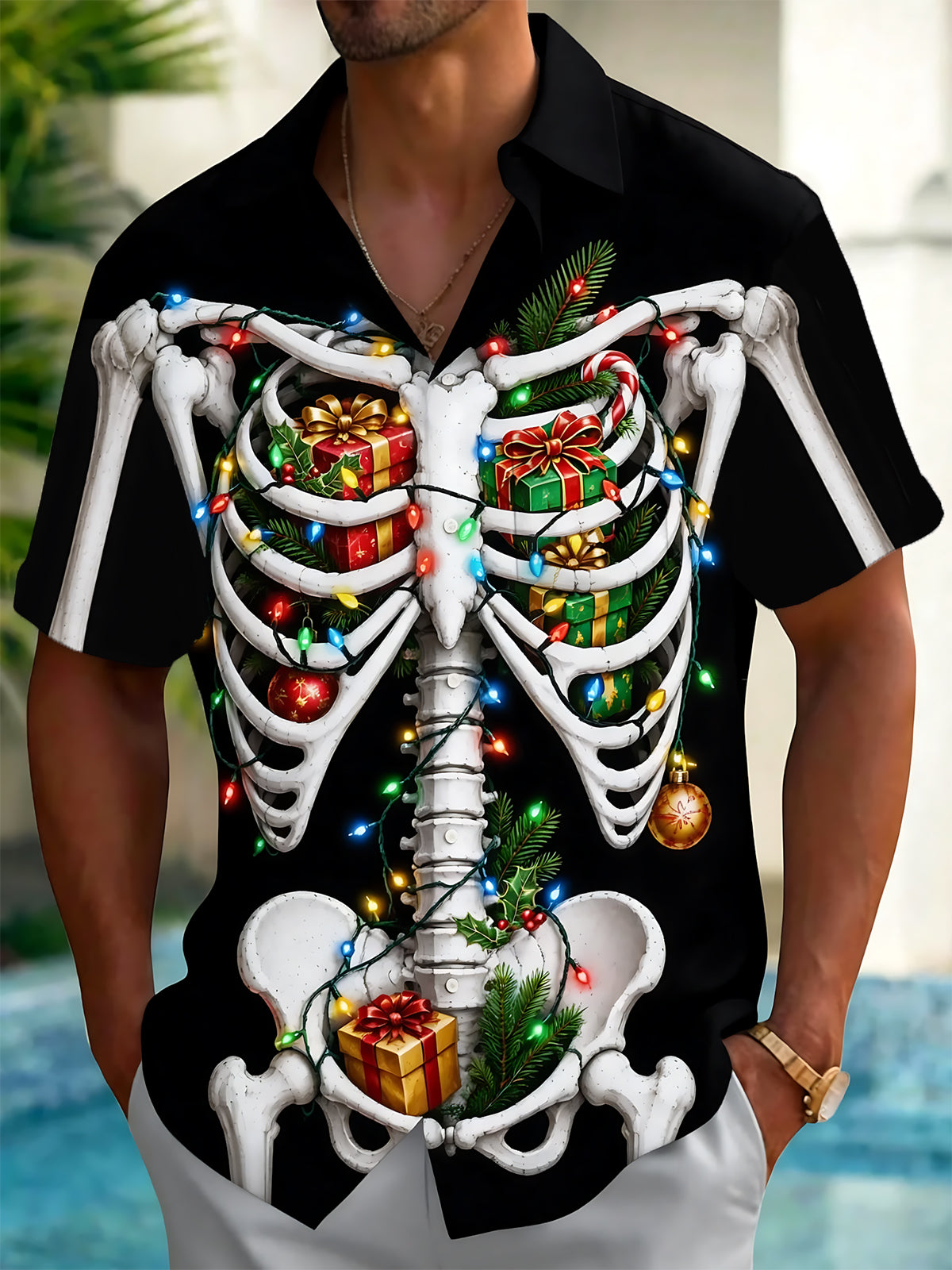 Oceanlyte Men's Graphic Christmas Skeleton Print Short Sleeve Shirt with Chest Pocket