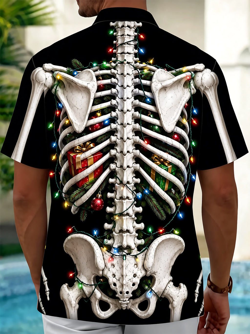 Oceanlyte Men's Graphic Christmas Skeleton Print Short Sleeve Shirt with Chest Pocket