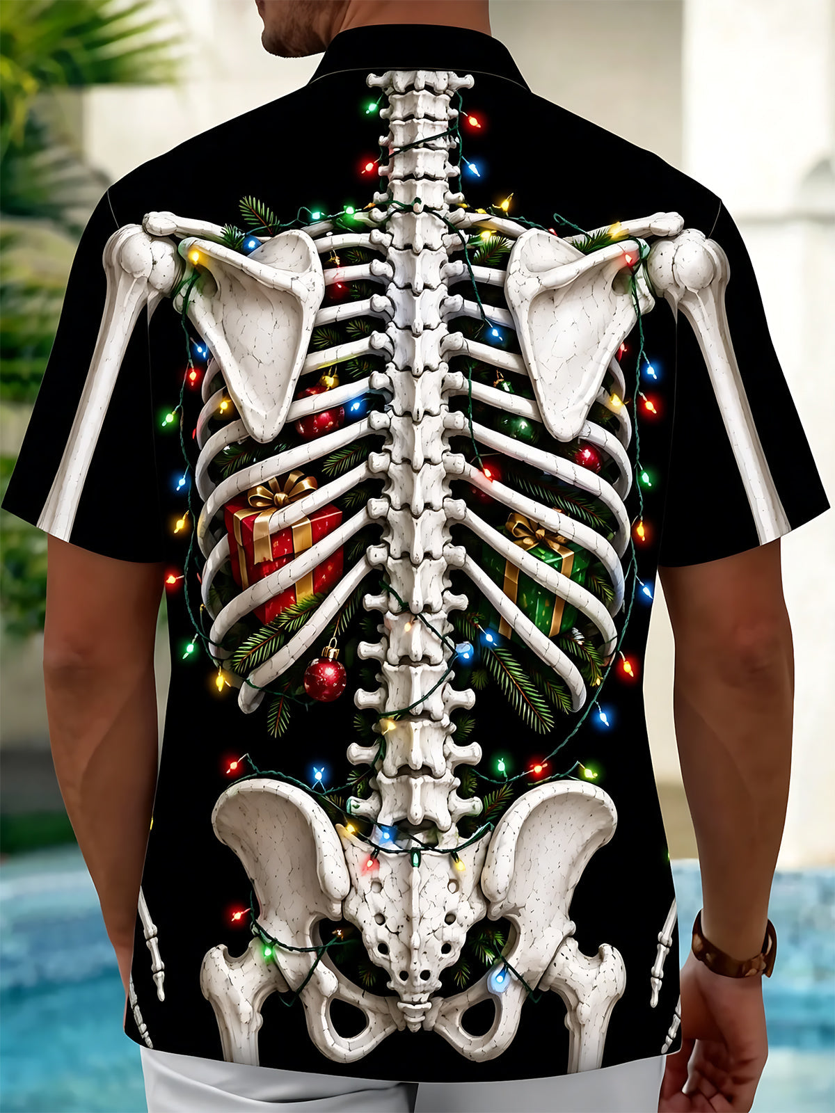 Oceanlyte Men's Graphic Christmas Skeleton Print Short Sleeve Shirt with Chest Pocket