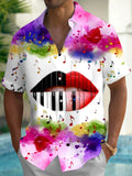 Oceanlyte Men's Graphic Piano Key Lips Print Short Sleeve Shirt with Chest Pocket