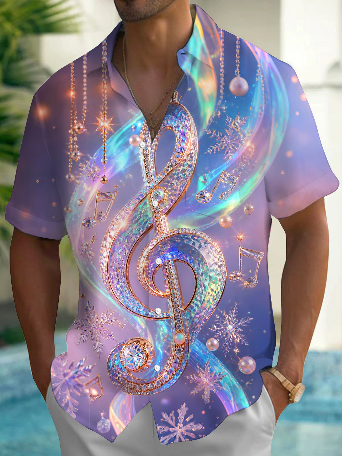 Oceanlyte Men's Graphic Jeweled Treble Clef Print Short Sleeve Shirt with Chest Pocket