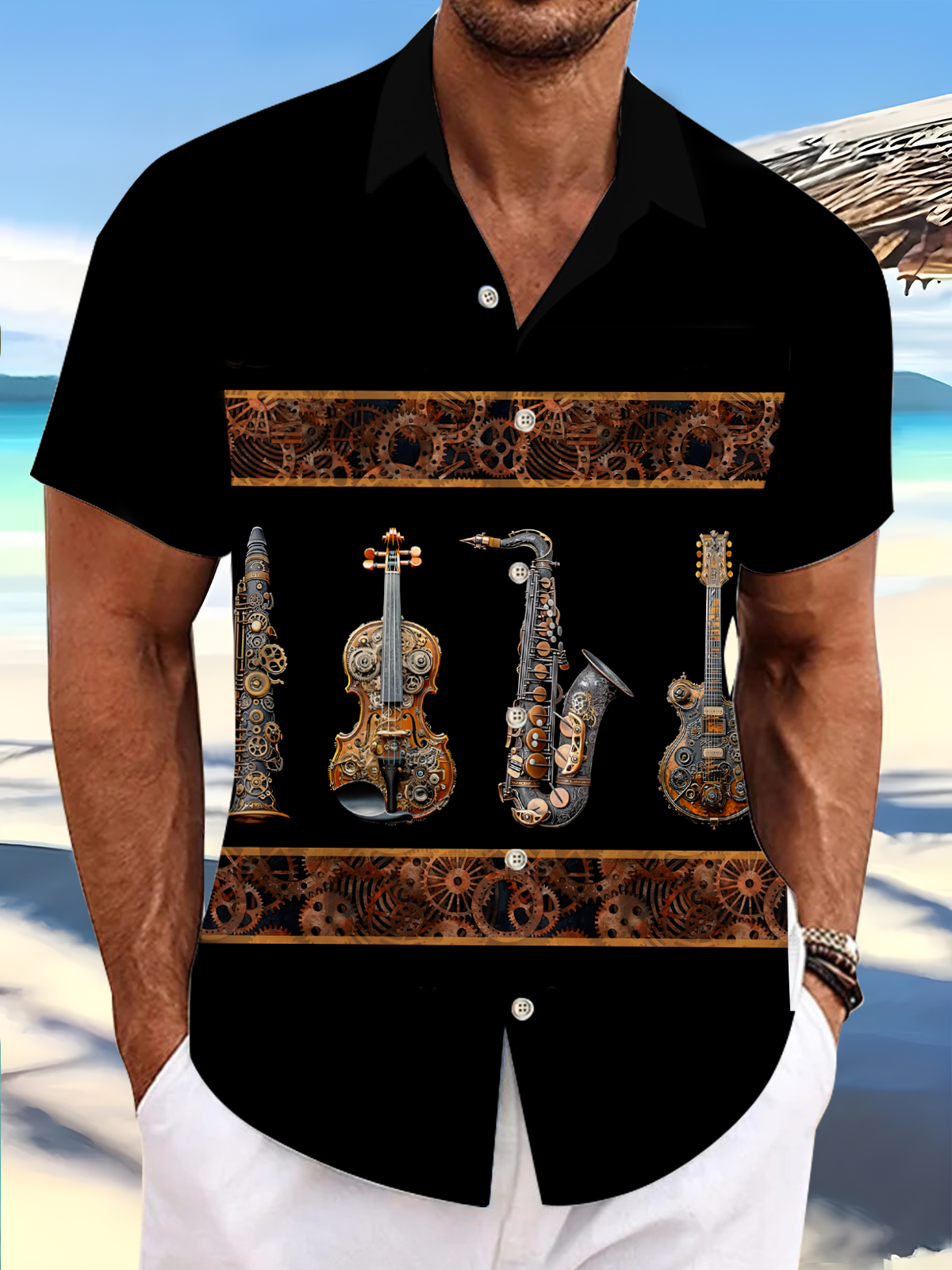 Oceanlyte Men's Graphic Steampunk Musical Instruments Print Short Sleeve Shirt with Chest Pocket