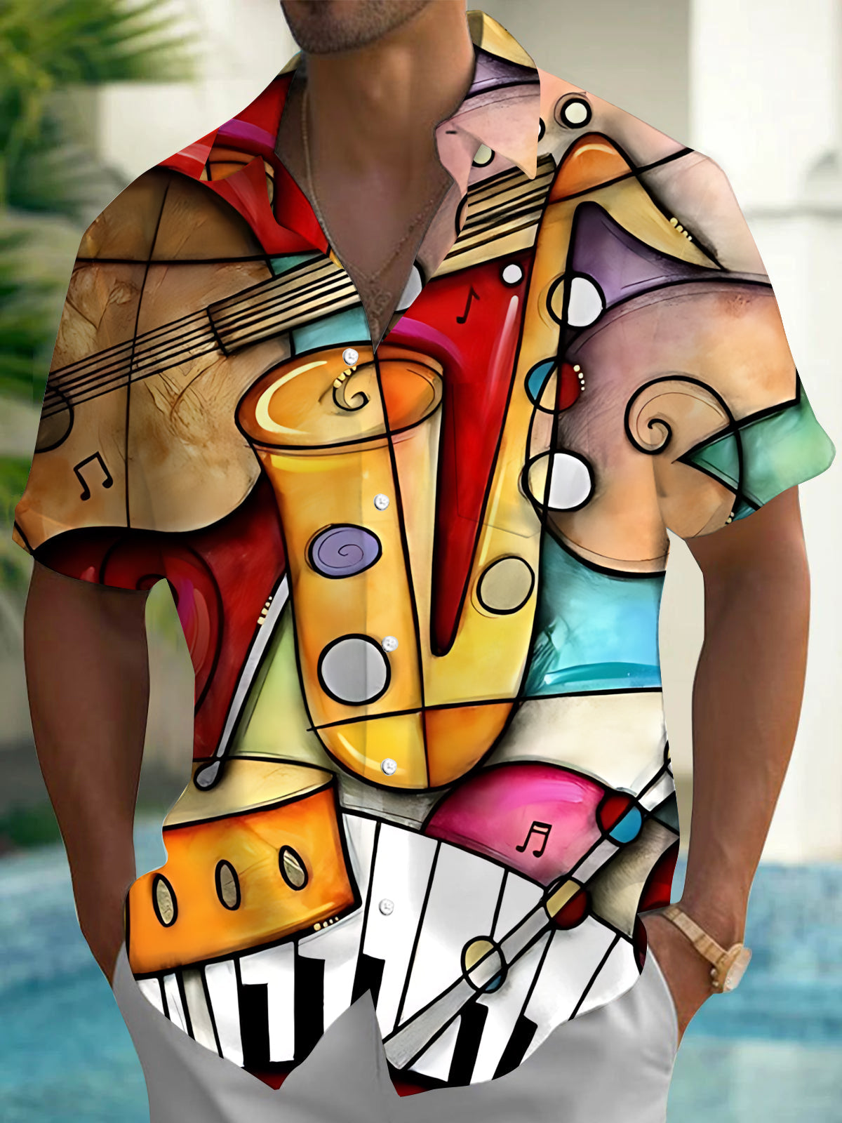 Oceanlyte Men's Graphic Musical Instruments Print Short Sleeve Shirt with Chest Pocket