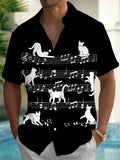 Oceanlyte Men's Graphic Cat On Musical Staff Print Short Sleeve Shirt with Chest Pocket