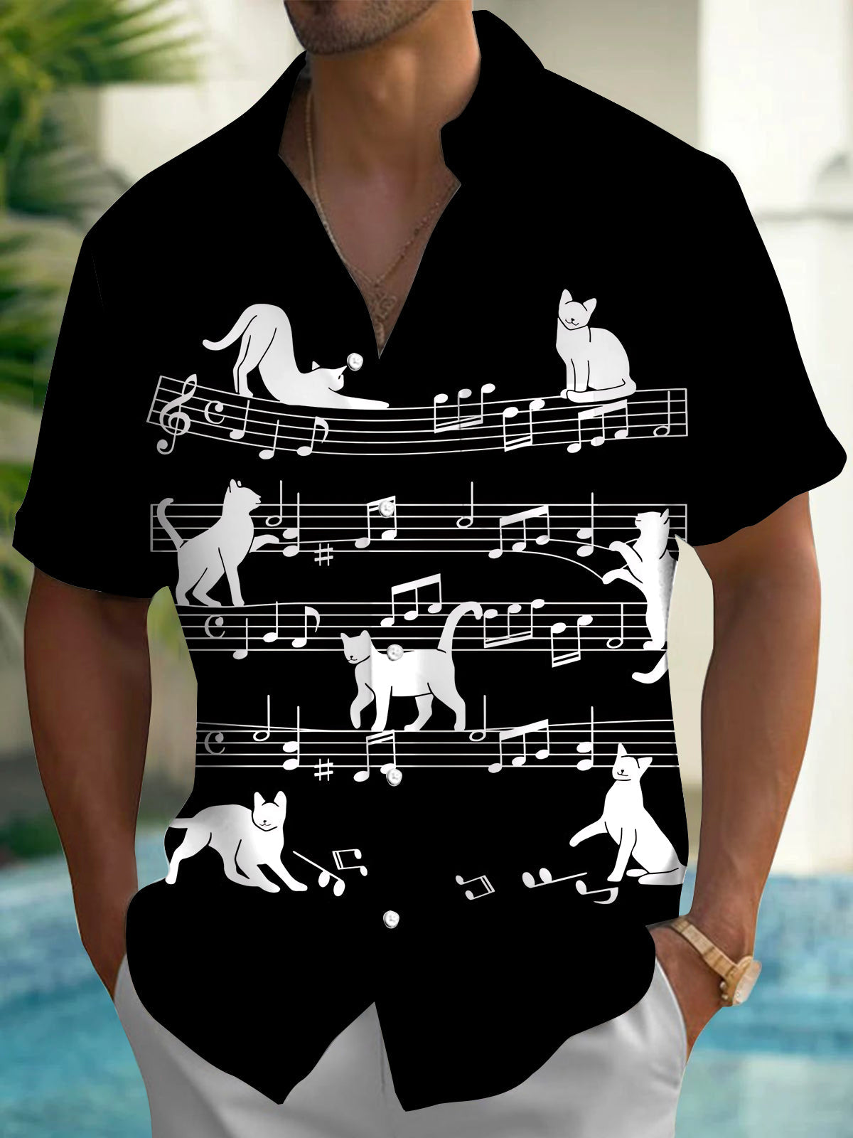 Oceanlyte Men's Graphic Cat On Musical Staff Print Short Sleeve Shirt with Chest Pocket