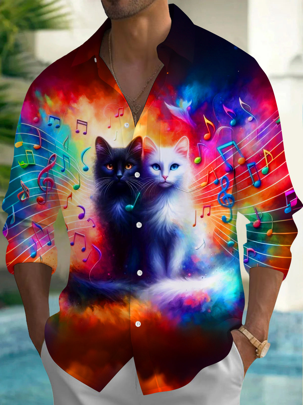 Oceanlyte Men's Graphic Colorful Cats Print Long Sleeve Shirt with Chest Pocket