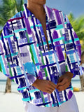 Oceanlyte Men's Printed Abstract Brushstroke Grid Print Long Sleeve Shirt with Chest Pocket