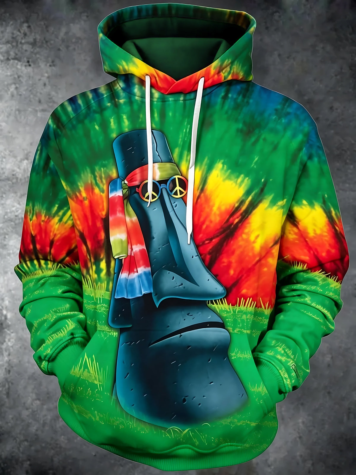 Oceanlyte Men's Hawaiian Tiki Statue With Peace Sign Print Long Sleeve Hoodie with Chest Pocket
