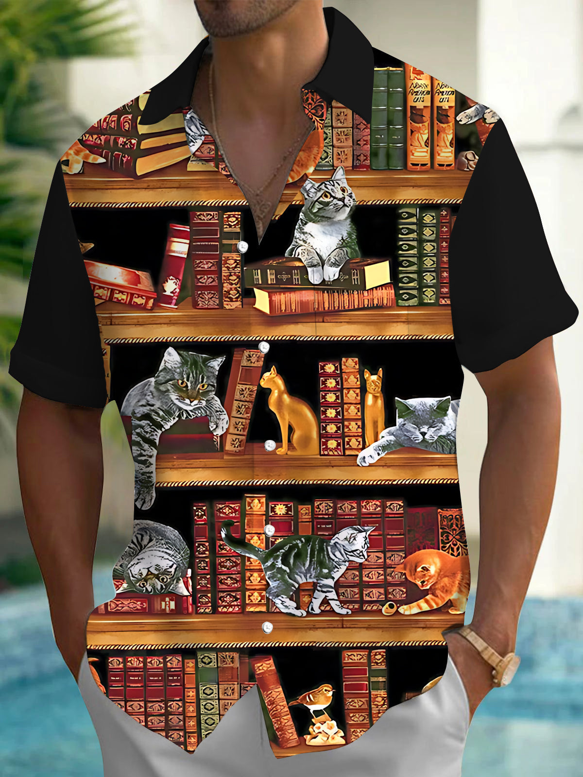 Oceanlyte Men's Graphic Cats On Bookshelves Print Short Sleeve Shirt with Chest Pocket