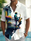 Oceanlyte Men's Graphic Saxophone Musician Print Short Sleeve Shirt with Chest Pocket