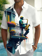 Oceanlyte Men's Graphic Saxophone Musician Print Short Sleeve Shirt with Chest Pocket